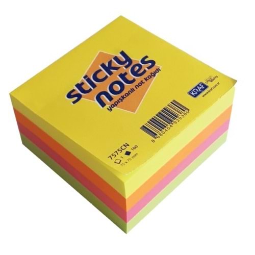 Yapışkanlı Küp Blok Not Kağıdı, 75 mm x 75 mm, 400 Yaprak, 5 Neon Renk, Kod : 7575CN